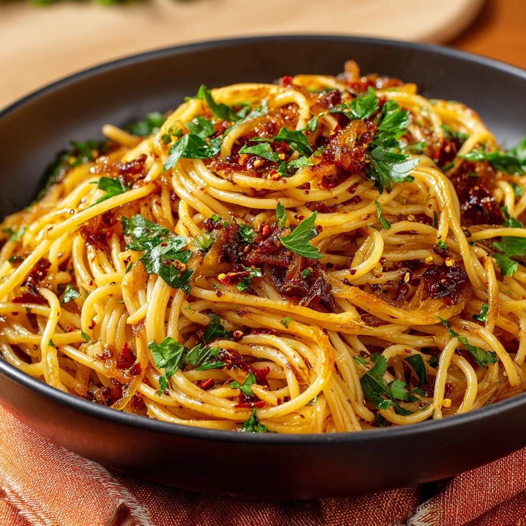 Knusprige Zwiebel-Spaghetti mit Tomaten, garniert mit frischer Petersilie und Chiliflocken, in einer Nahaufnahme serviert.