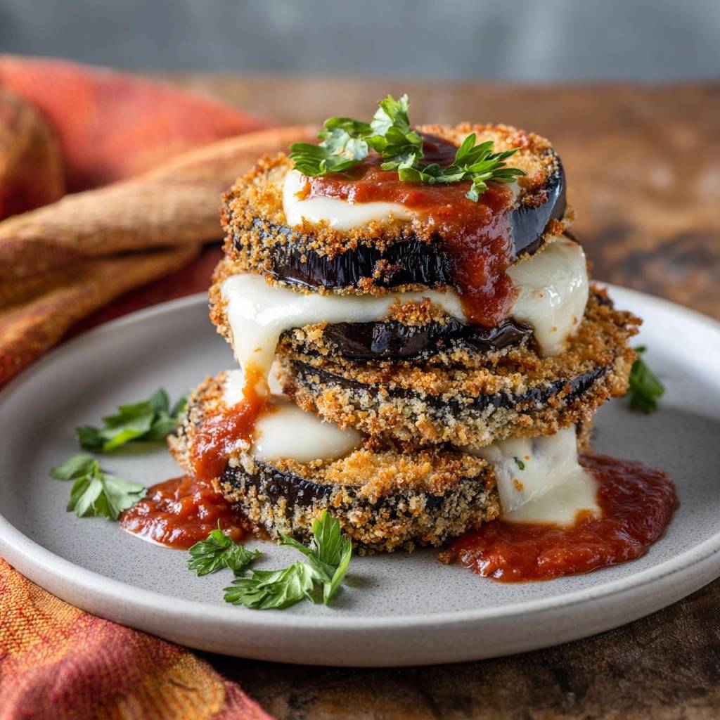 Knuspriger Auberginen-Mozzarella-Turm, gestapelt auf einem Teller mit geschmolzenem Käse und Tomatensauce.