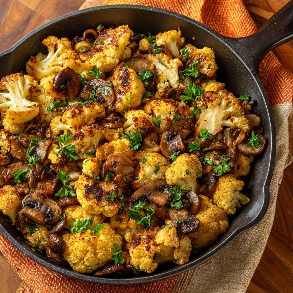 Knuspriger Blumenkohl mit Champignons in einer Gusseisenpfanne, garniert mit Petersilie, aus der Vogelperspektive fotografiert.