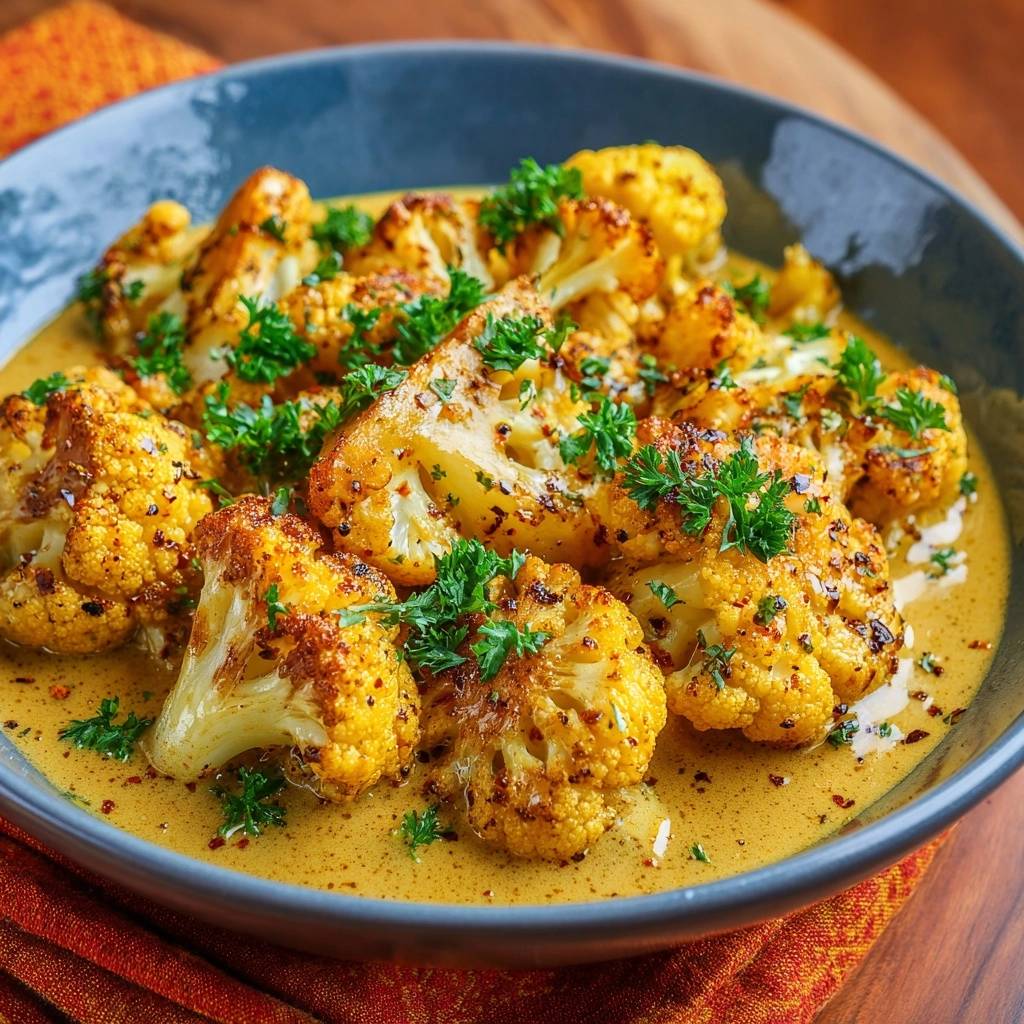 Knuspriger Blumenkohl-Curry mit Petersilie garniert, nahaufnahme der einzelnen Röschen in der cremigen Sauce.