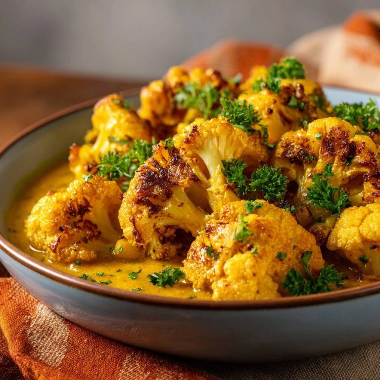 Knuspriger Blumenkohl-Curry, garniert mit frischer Petersilie in einer hellblauen Schüssel, serviert mit einer cremigen Sauce.