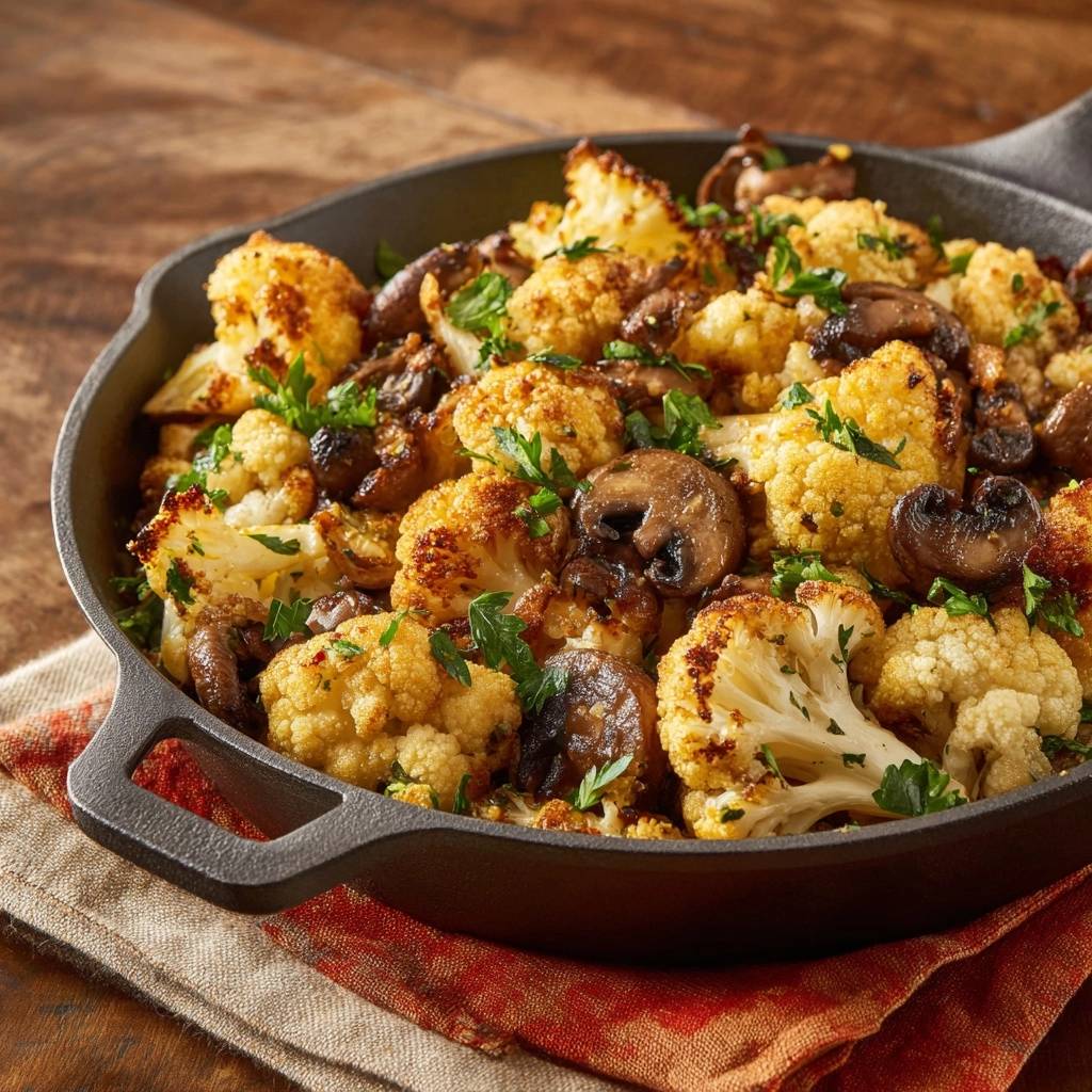 Knuspriger Blumenkohl mit Champignons, detailreich in einer gusseisernen Pfanne, garniert mit frischer Petersilie.