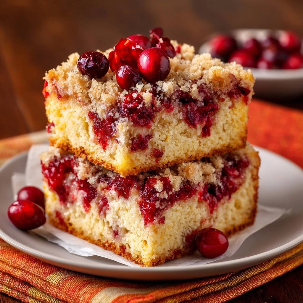 Knuspriger Cranberry Streuselkuchen Angeschnitten 1 Knuspriger Cranberry-Streuselkuchen angeschnitten, gestapelte Kuchenstücke mit Streuseln und Cranberries, Nahaufnahme auf einem Teller.