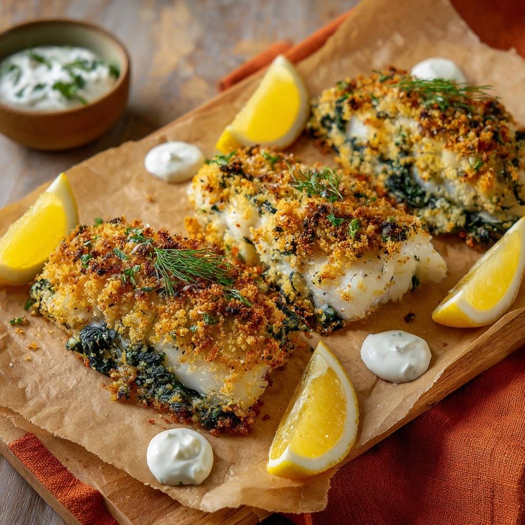 Knuspriger Dill-Fisch auf Spinatbett, nahaufnahme der panierten Fischfilets mit frischem Dill und Zitronenspalten serviert.
