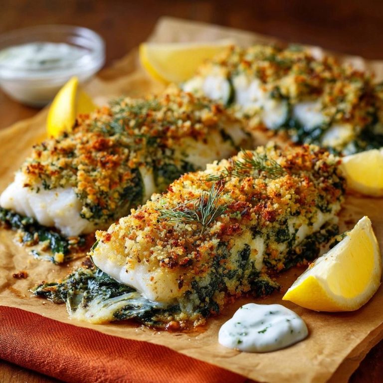 Knuspriger Dill-Fisch auf Spinatbett, nahaufnahme des überbackenen Fischfilets mit Spinat und Zitronenspalten auf Backpapier