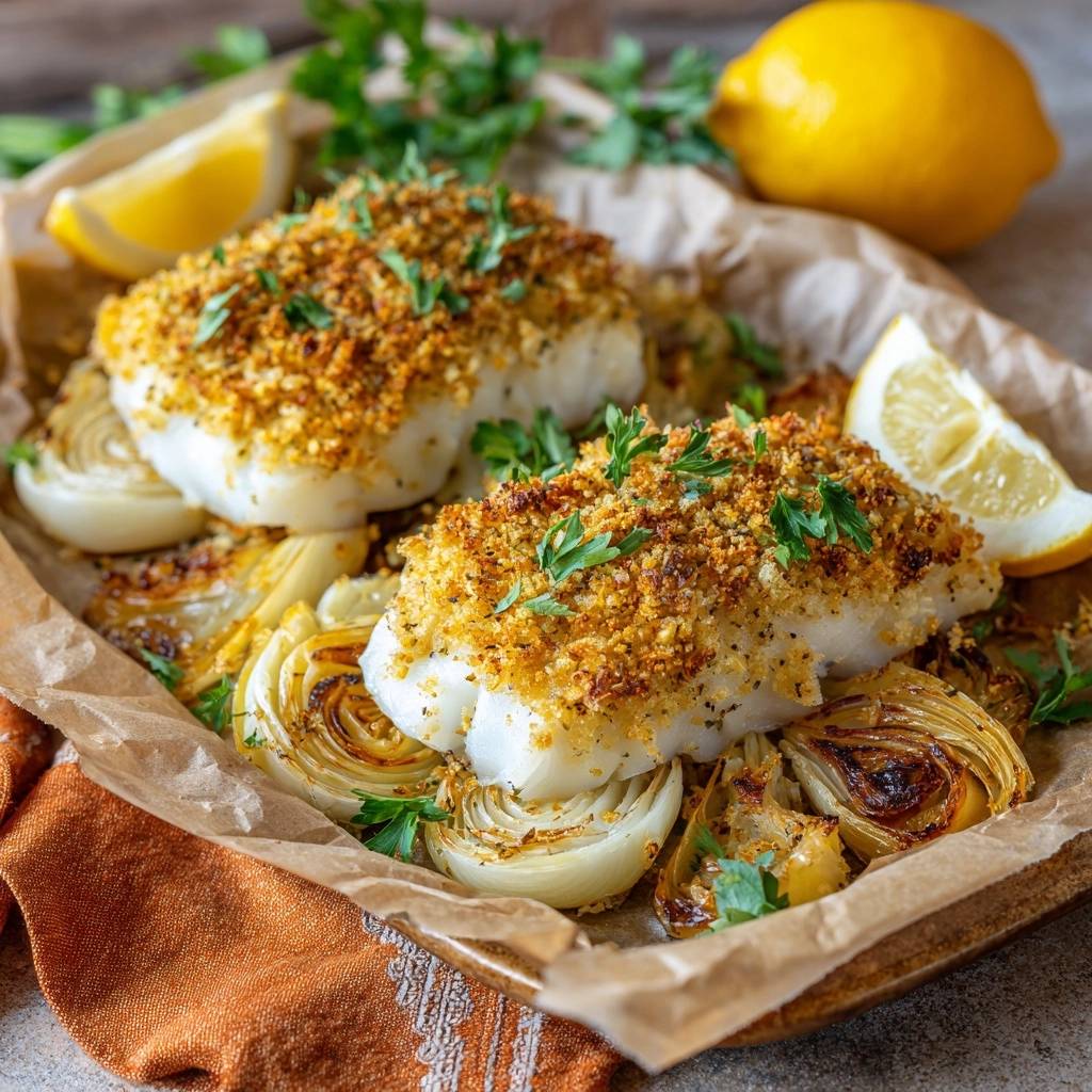 Knuspriger Fenchel-Kabeljau mit goldbrauner Kruste, serviert mit geröstetem Fenchel und Zitronenspalten.