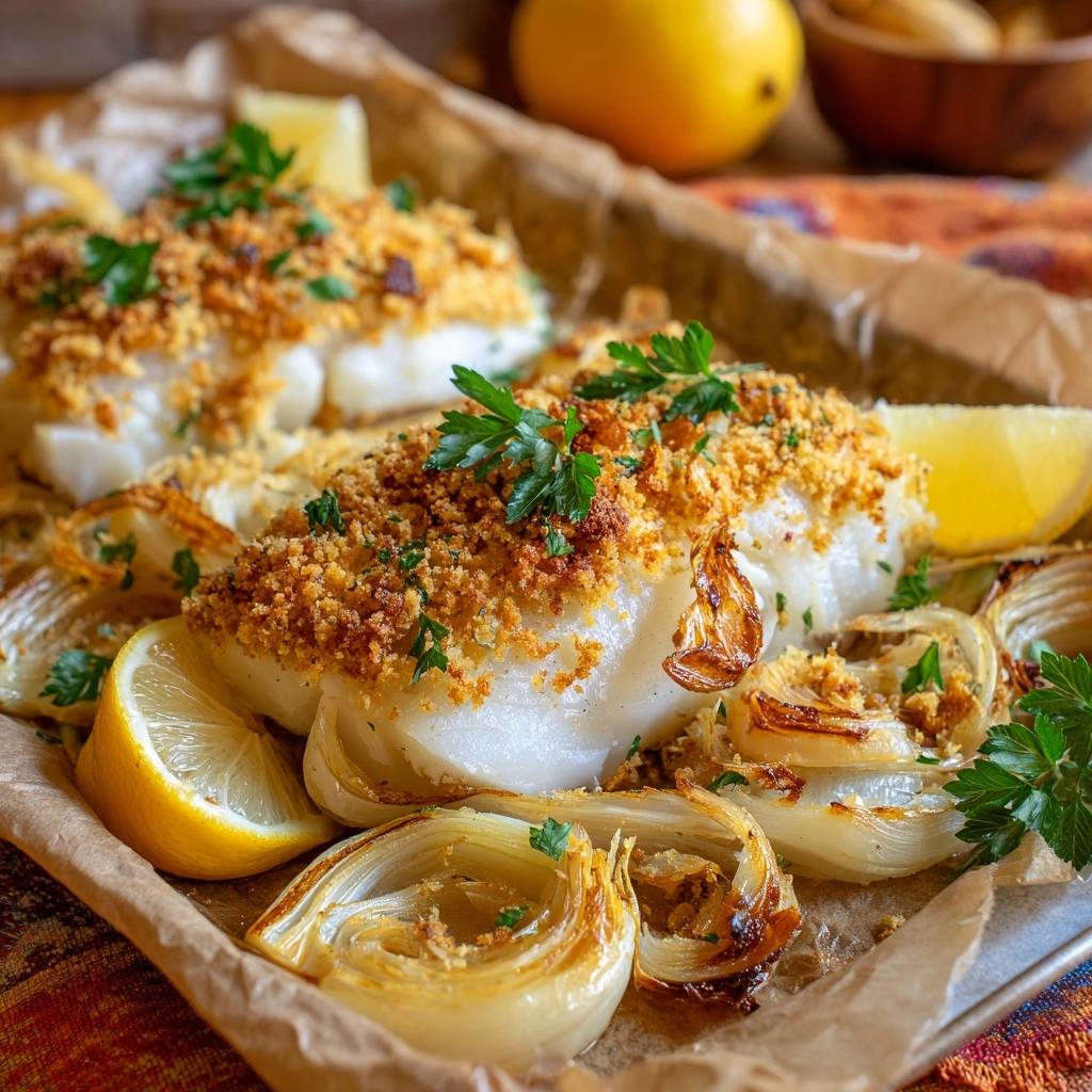 Knuspriger Fenchel-Kabeljau mit goldbrauner Kruste, frischer Petersilie und Zitronenspalten auf gebackenem Fenchel.