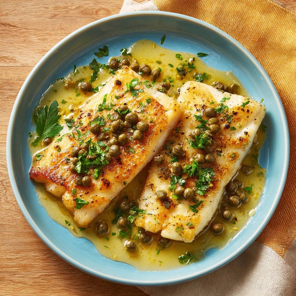 Knuspriger Fisch Meunière mit Kapern, serviert auf einem blauen Teller mit einer Zitronen-Kapern-Sauce und frischer Petersilie.