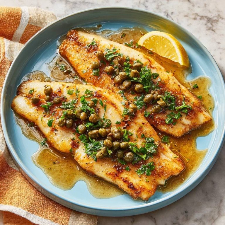 Knuspriger Fisch Meunière mit Kapern, nahaufnahme der garnierten Fischfilets mit Kapern und Petersilie auf einem blauen Teller.