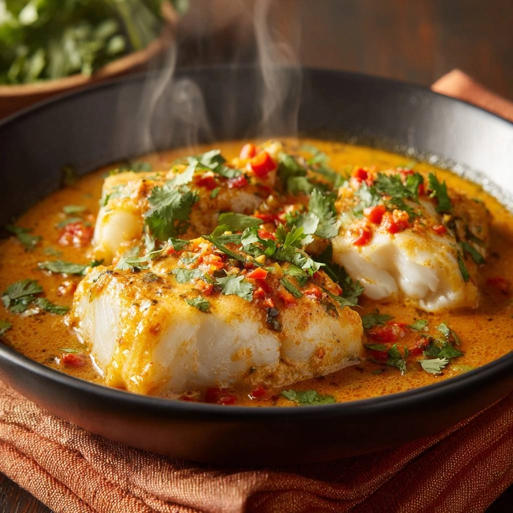 Knuspriger Kabeljau Thai Curry Heiss Serviert 1 Knuspriger Kabeljau im Thai-Curry, serviert in einer Schüssel mit dampfenden Aromen und frischer Garnitur.