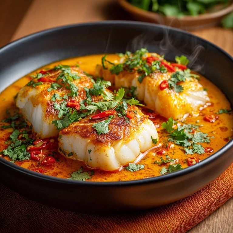 Knuspriger Kabeljau im Thai-Curry, eine Nahaufnahme mit Dampf, der von dem aromatischen Gericht aufsteigt.