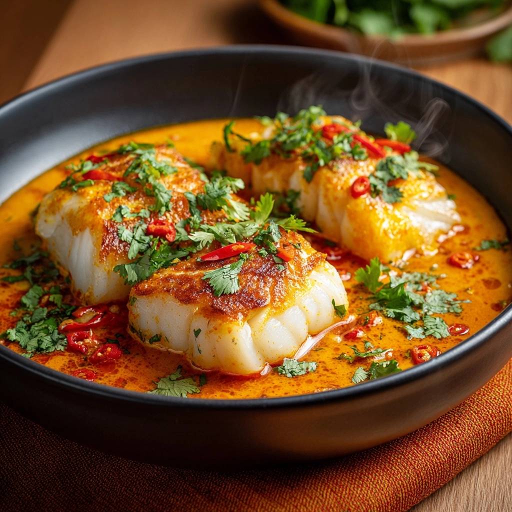 Knuspriger Kabeljau im Thai-Curry, eine Nahaufnahme mit Dampf, der von dem aromatischen Gericht aufsteigt.