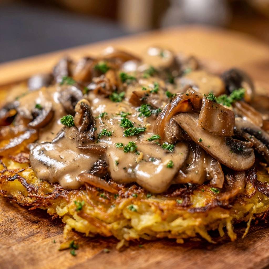 Knuspriger Kartoffelrösti mit Pilzrahm, eine Nahaufnahme der cremigen Pilzsoße und frischen Kräuter garniert.