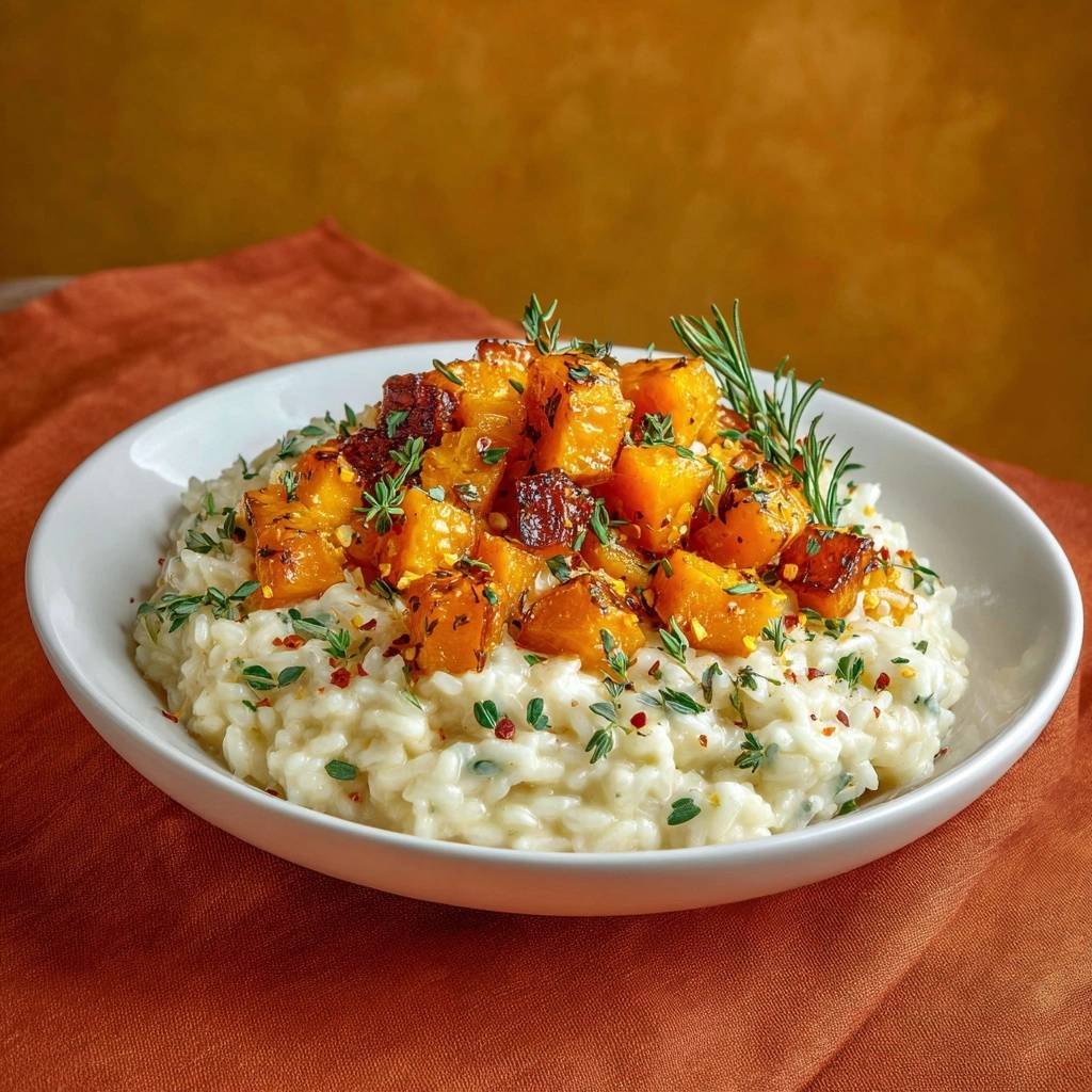 Knuspriger Kürbis auf cremigem Thymianreis, detailreiche Nahaufnahme der Garnitur mit frischen Kräutern und Chiliflocken.