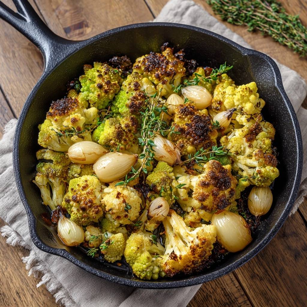 Knuspriger Ofen-Blütenkohl mit Perlzwiebeln & Thymian, detailreich im Gusseisen serviert mit gebräunten Röschen und Kräutern.