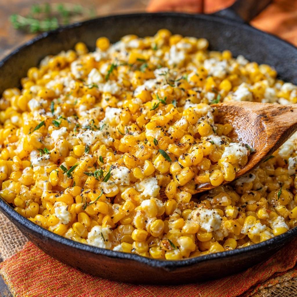 Knuspriger Pfannen-Mais mit Feta, nah aufgenommen mit einem Holzkochlöffel, der eine Portion serviert.