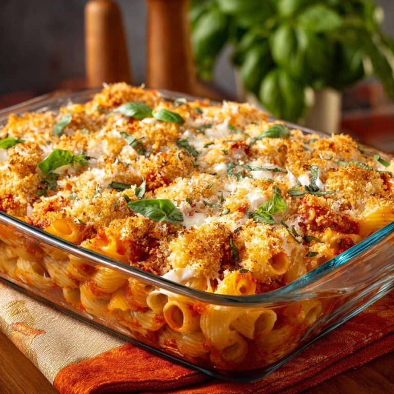 Knuspriger Rigatoni-Auflauf mit perfekter Käsekruste, frisch aus dem Ofen in einer Glasform mit Basilikum garniert.