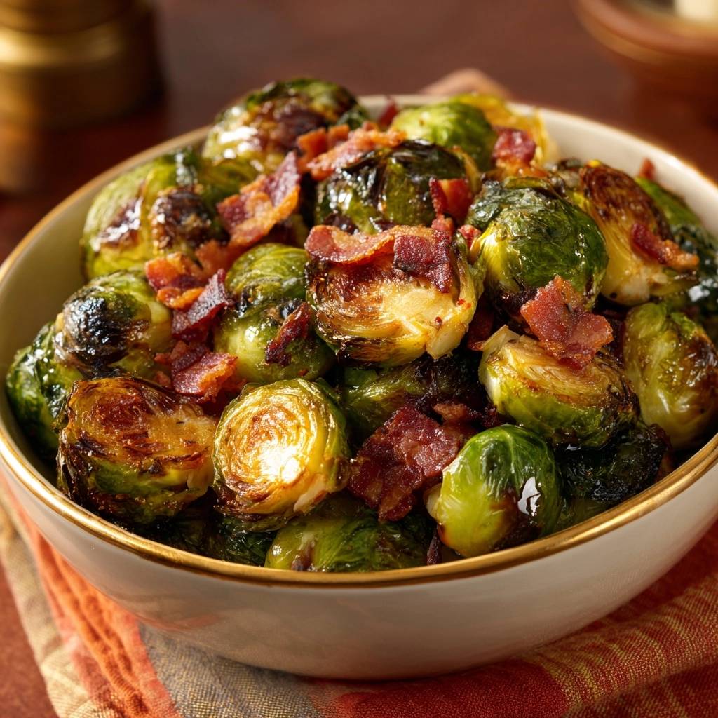 Knuspriger Rosenkohl Mit Bacon Detail Mit Garnitur 1 Knuspriger Rosenkohl mit Bacon als Nahaufnahme mit sichtbaren Speckstückchen als Garnitur im Schüsselrand.