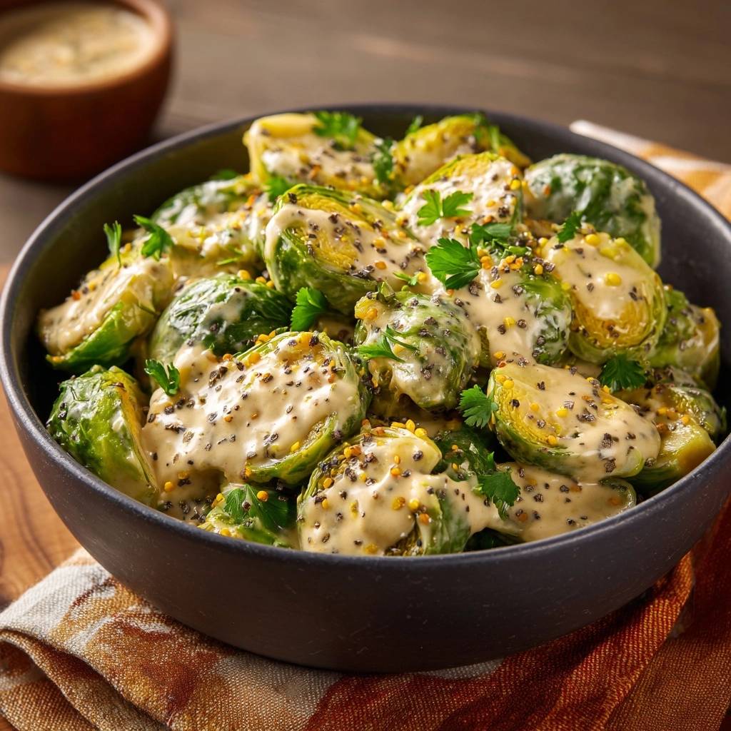 Knuspriger Rosenkohl mit Senf-Creme, nahaufnahme der garnierten Rosenkohlröschen mit Petersilie und Senfkörnern.