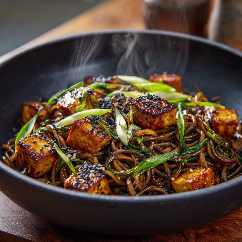 Knuspriger Sesam-Tofu mit Udon-Nudeln, detailreich garniert mit Frühlingszwiebeln und Sesam.