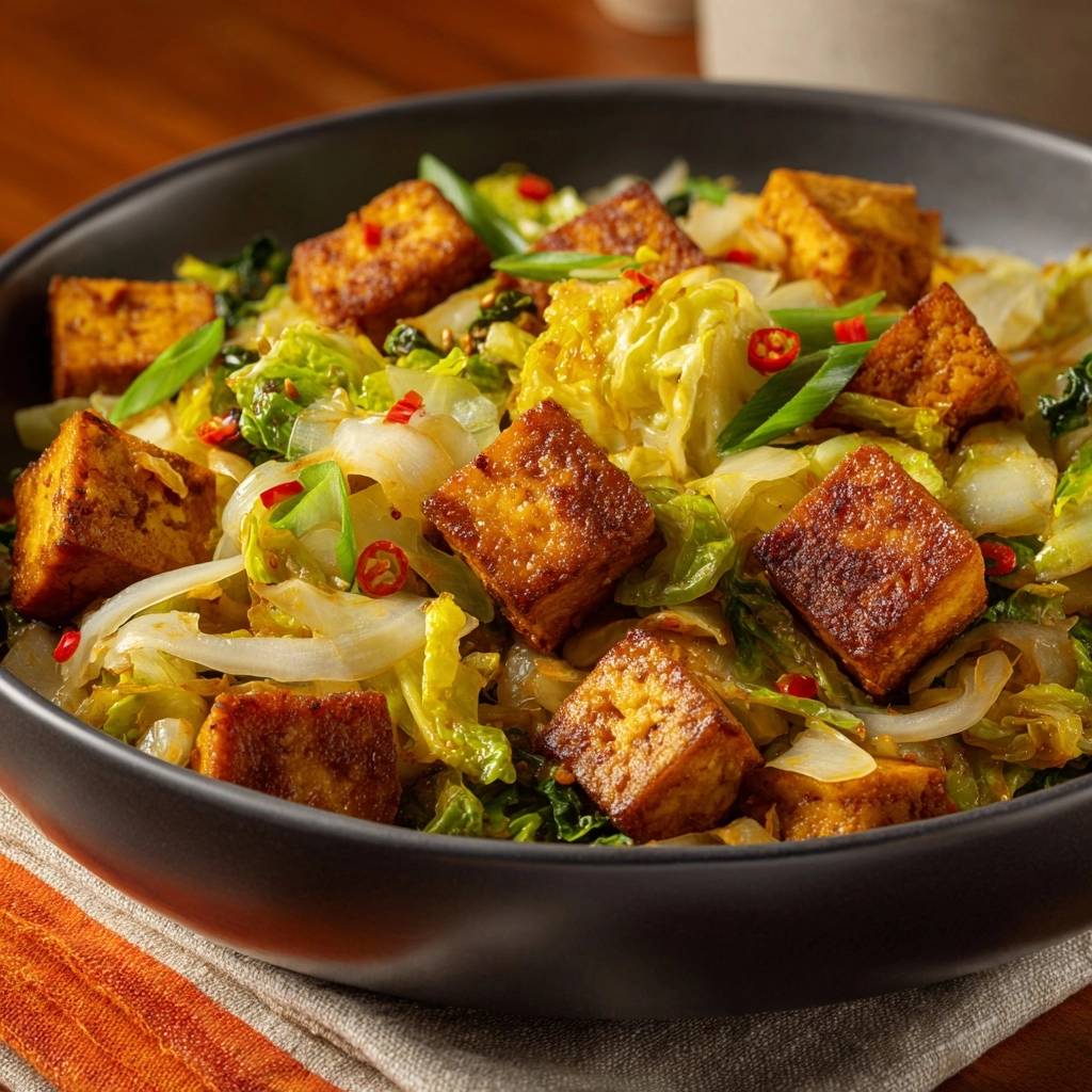 Knuspriger Tofu-Pak-Choi-Pfanne als Nahaufnahme mit gebratenem Tofu und knackigem Gemüse im schwarzen Teller.