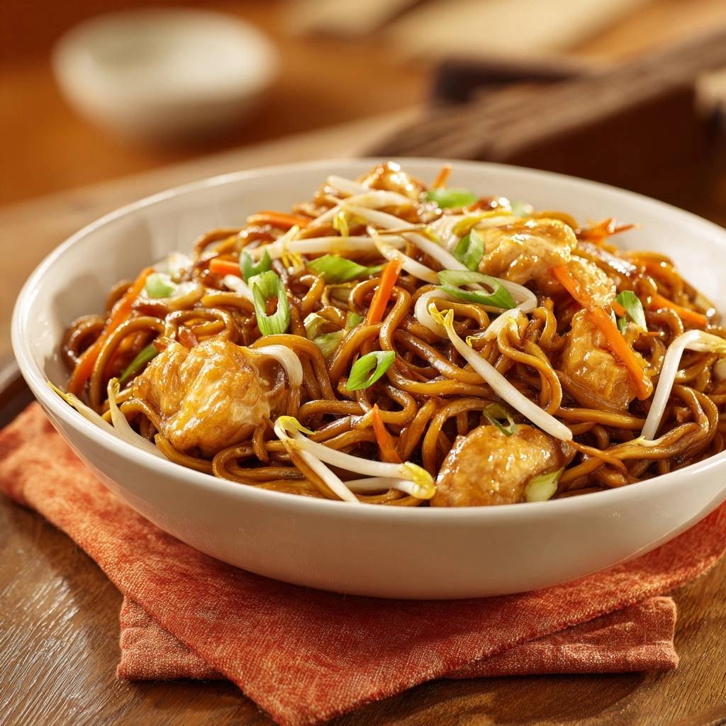 Knuspriges Hähnchen-Chow-Mein in einer weißen Schüssel mit Möhren und Sojasprossen, nah aufgenommen.