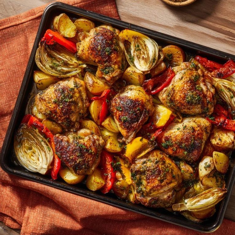 Knuspriges Hähnchenblech mit Paprika, Kartoffeln und Fenchel, von oben auf einem Backblech mit geröstetem Gemüse angerichtet.