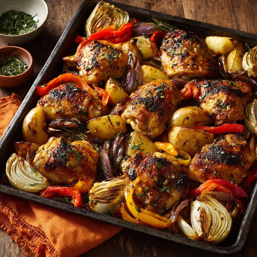 Knuspriges Hähnchenblech mit Paprika, Kartoffeln und Fenchel, Nahaufnahme der gerösteten Zutaten mit Kräutern garniert.