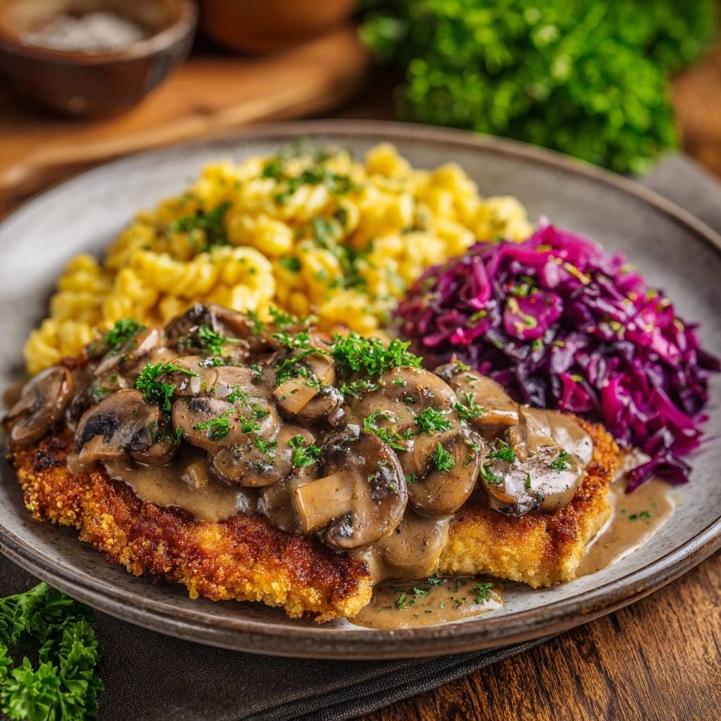 Knuspriges Hähnchenschnitzel mit Pilzrahm, Spätzle und Rotkraut auf einem Teller serviert, Nahaufnahme der Pilzsoße.
