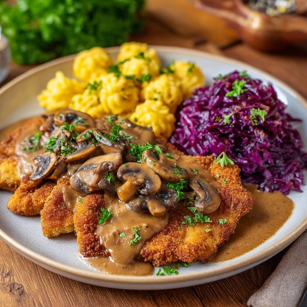 Knuspriges Hähnchenschnitzel mit Pilzrahm, Spätzle und Rotkraut, auf einem Teller serviert mit Pilzrahm und Petersilie garniert.