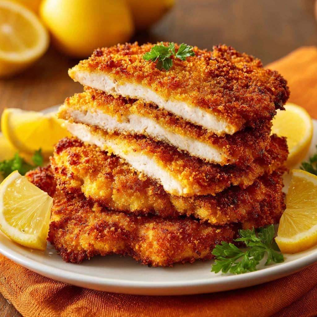 Knuspriges Haehnchenschnitzel Mit Zitrone Angeschnitten 1 Knuspriges Hähnchenschnitzel mit Zitrone, angeschnitten und gestapelt auf einem Teller mit Zitronenspalten und Petersilie.