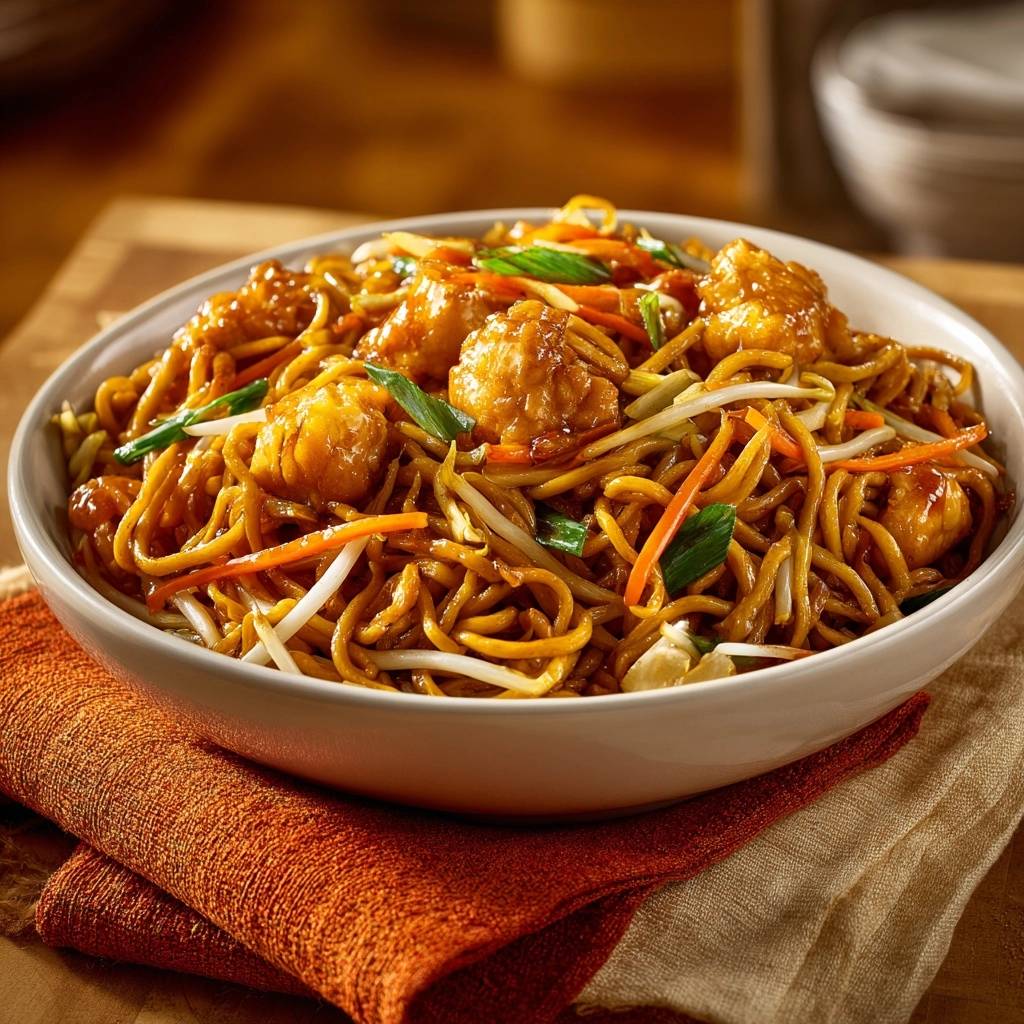 Knuspriges Hähnchen-Chow-Mein in einer Schüssel mit Nudeln, Gemüse und Hähnchenstücken, Nahaufnahme des Gerichts.