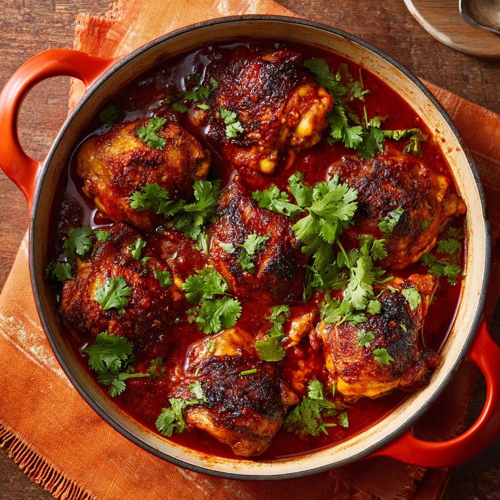 Knuspriges Hähnchen in scharfer Tomatensoße als ganze Portion, von oben in einem roten Gusseisentopf mit Koriander garniert.