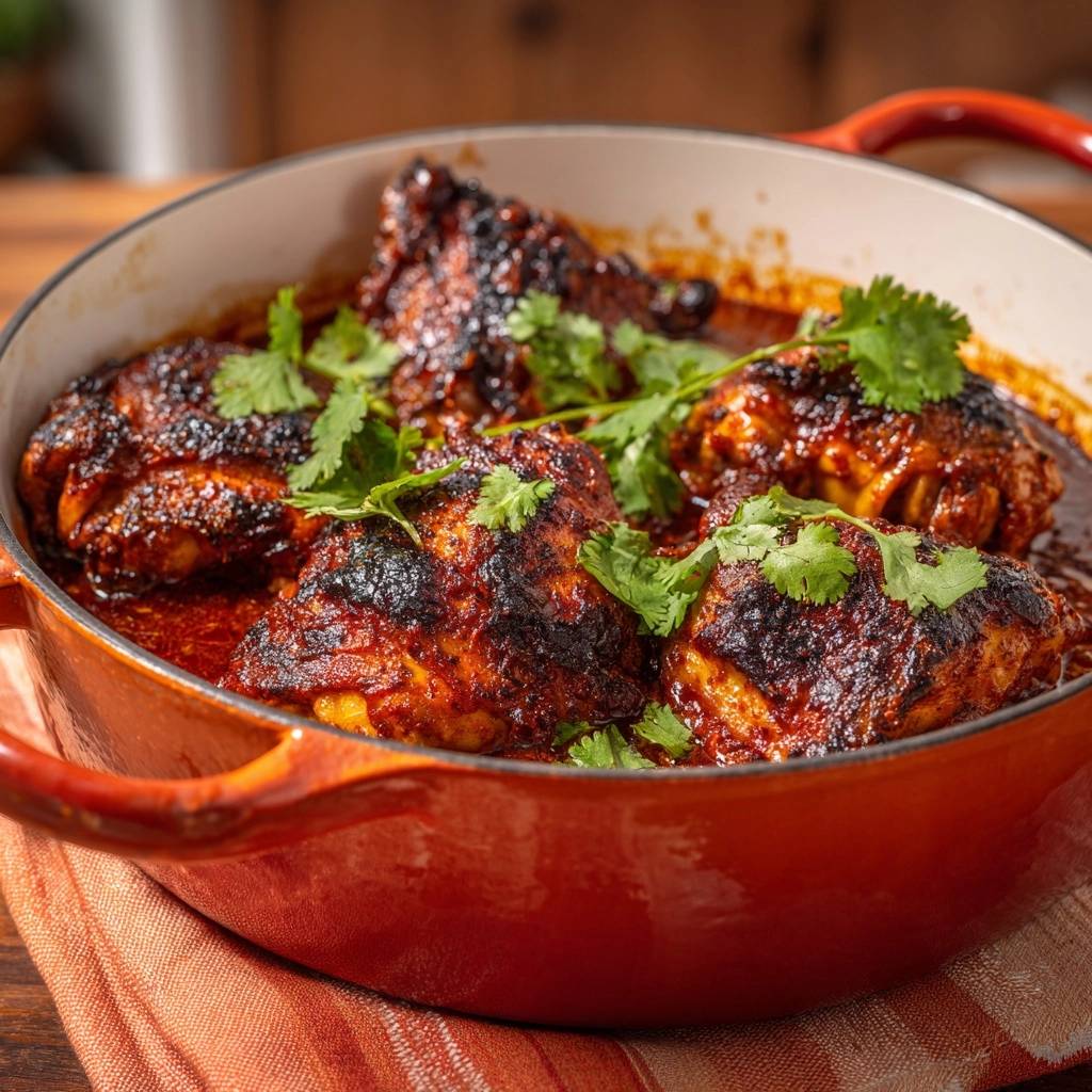 Knuspriges Huhn Scharfe Tomatensose In Rostopf Garniert 1 Knuspriges Hähnchen in scharfer Tomatensoße wird in einem roten Gusseisentopf mit frischem Koriander garniert serviert.