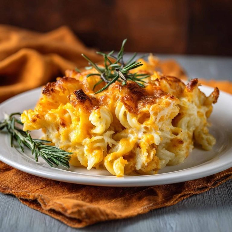 Knuspriges Mac and Cheese mit Rosmarin, serviert auf einem weißen Teller und mit frischem Rosmarin garniert.