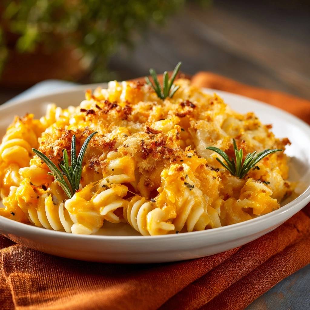 Knuspriges Mac And Cheese Rosmarin Garniert 1 Knuspriges Mac and Cheese mit Rosmarin, serviert in einer weissen Schale und mit frischen Rosmarinzweigen garniert.