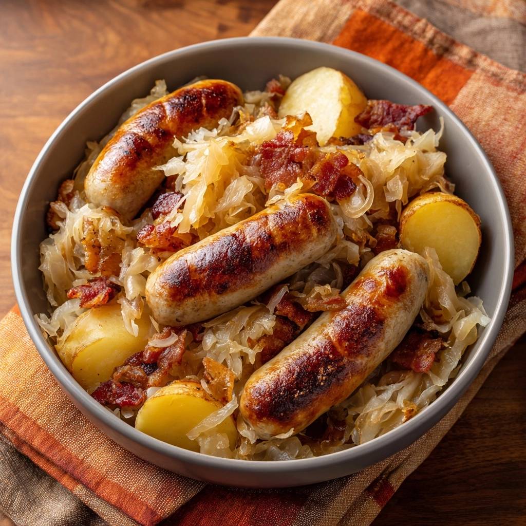 Knuspriges Sauerkraut mit Würstchen, Kartoffeln & Bacon in einer Schüssel, Nahaufnahme der gebratenen Würstchen und des Sauerkrauts.