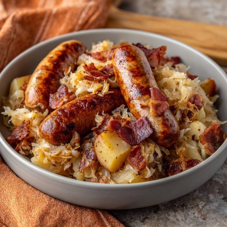 Knuspriges Sauerkraut mit Würstchen, Kartoffeln & Bacon als Nahaufnahme in einer Schüssel mit Serviette