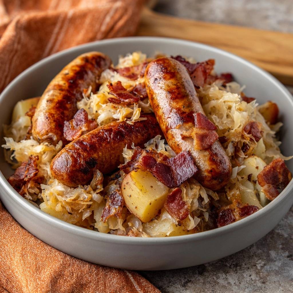 Knuspriges Sauerkraut mit Würstchen, Kartoffeln & Bacon als Nahaufnahme in einer Schüssel mit Serviette