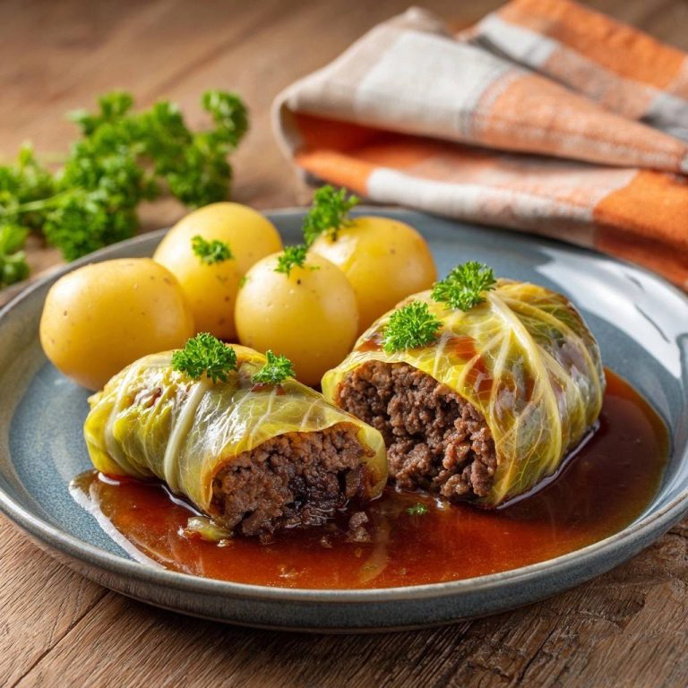 Saftige Kohlrouladen mit neuen Kartoffeln, angeschnitten und im Bratensaft serviert mit frischer Petersilie garniert.