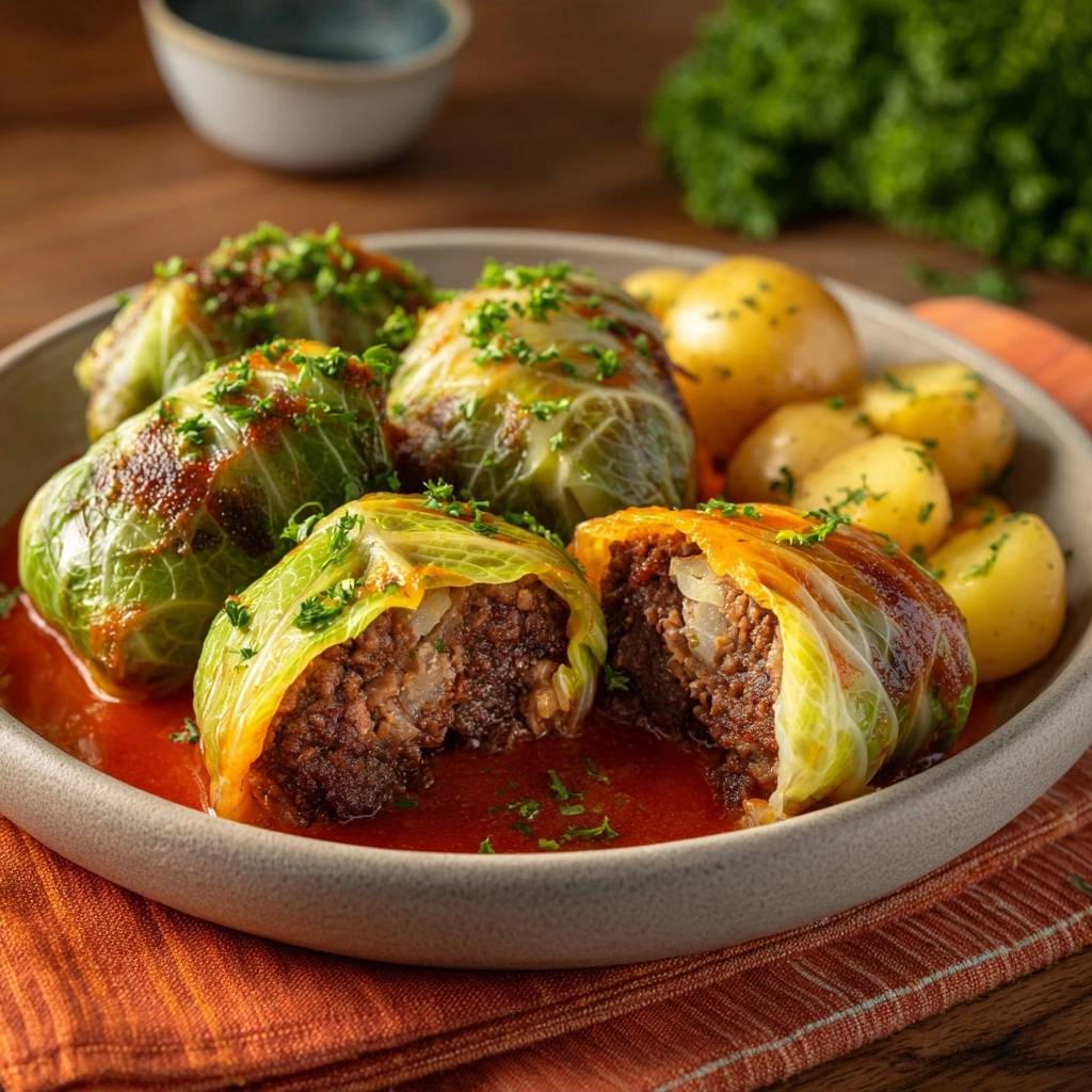 Saftige Kohlrouladen mit Tomatensoße, angeschnitten, zeigen das herzhafte Hackfleisch und Reis-Innere, serviert mit Kartoffeln.