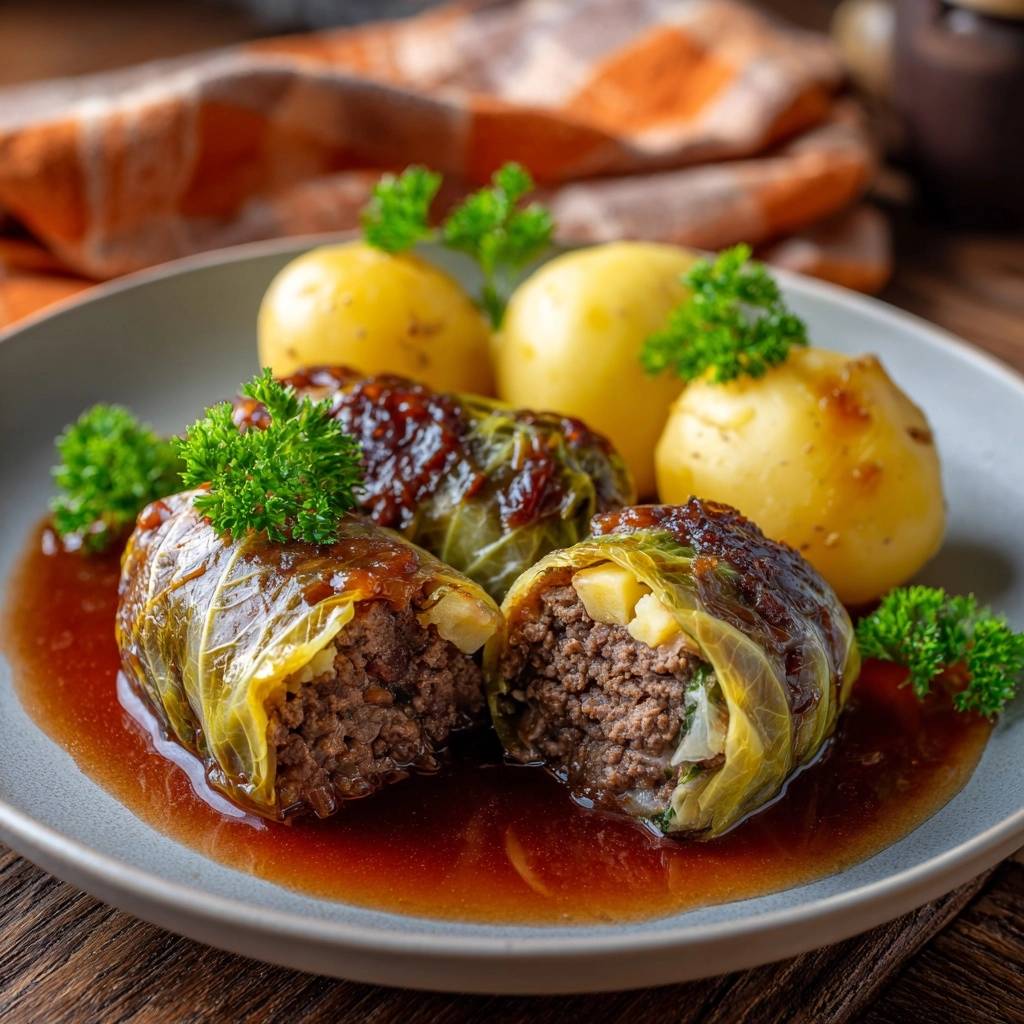 Kohlrouladen Mit Kartoffeln Angeschnitten 1 2 Saftige Kohlrouladen mit neuen Kartoffeln, angeschnitten und mit Sauce serviert, garniert mit Petersilie.