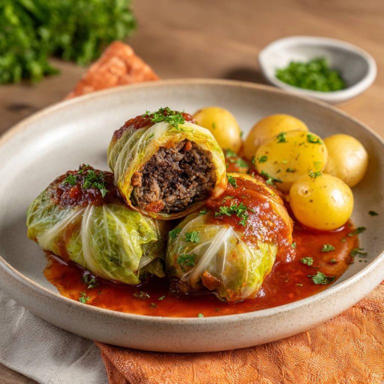 Saftige Kohlrouladen mit Tomatensoße, angeschnitten und mit Hackfleischfüllung und Kartoffeln serviert.