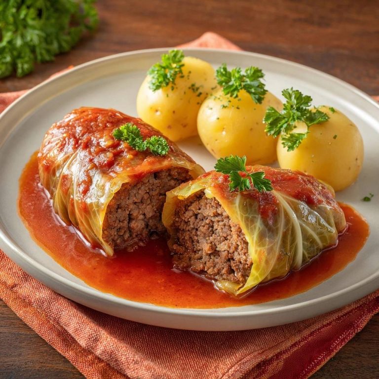 Kohlrouladen mit Tomatensoße und Salzkartoffeln, angeschnitten auf einem Teller mit Petersilie garniert
