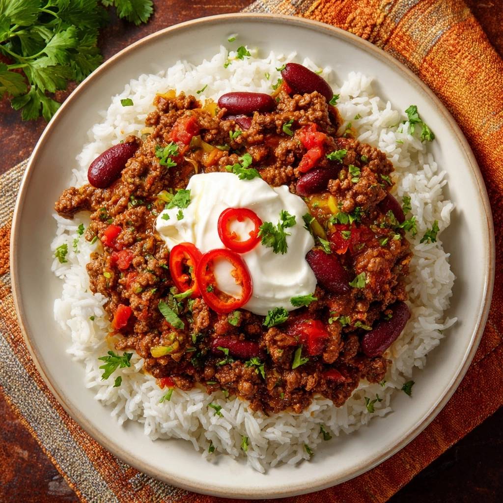 Krümeliges Chili mit Bohnen & Reis, serviert auf einem Teller mit einem Klecks Sauerrahm und Chilischeiben, von oben gesehen.