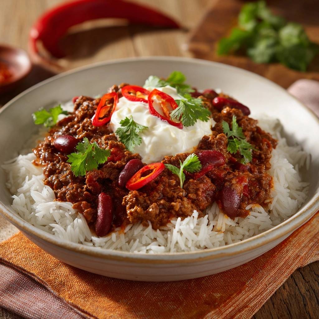 Krumeliges Chili Mit Bohnen Reis Garniert 1 Krümeliges Chili mit Bohnen & Reis, serviert in einer Schüssel und garniert mit frischen Chilis und Koriander.