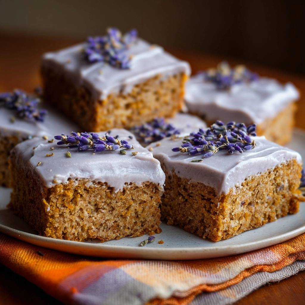 Saftiger Kürbiskuchen mit Lavendelfrosting, kunstvoll garniert mit frischen Lavendelblüten auf einem Teller.