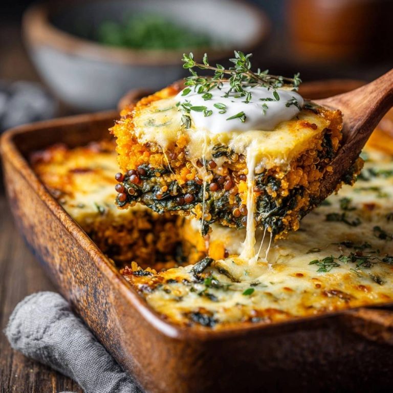Kürbis-Spinat-Quinoa-Auflauf angeschnitten mit einem Löffel, Käse schmilzt und Kräutern garniert.