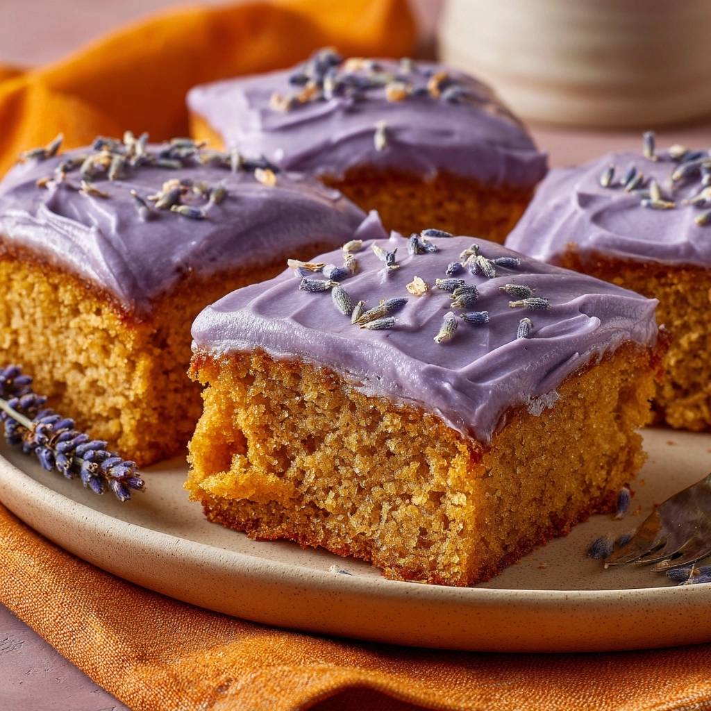 Saftiger Kürbiskuchen mit Lavendelfrosting, vier Stücke auf einem Teller mit Lavendelzweig garniert