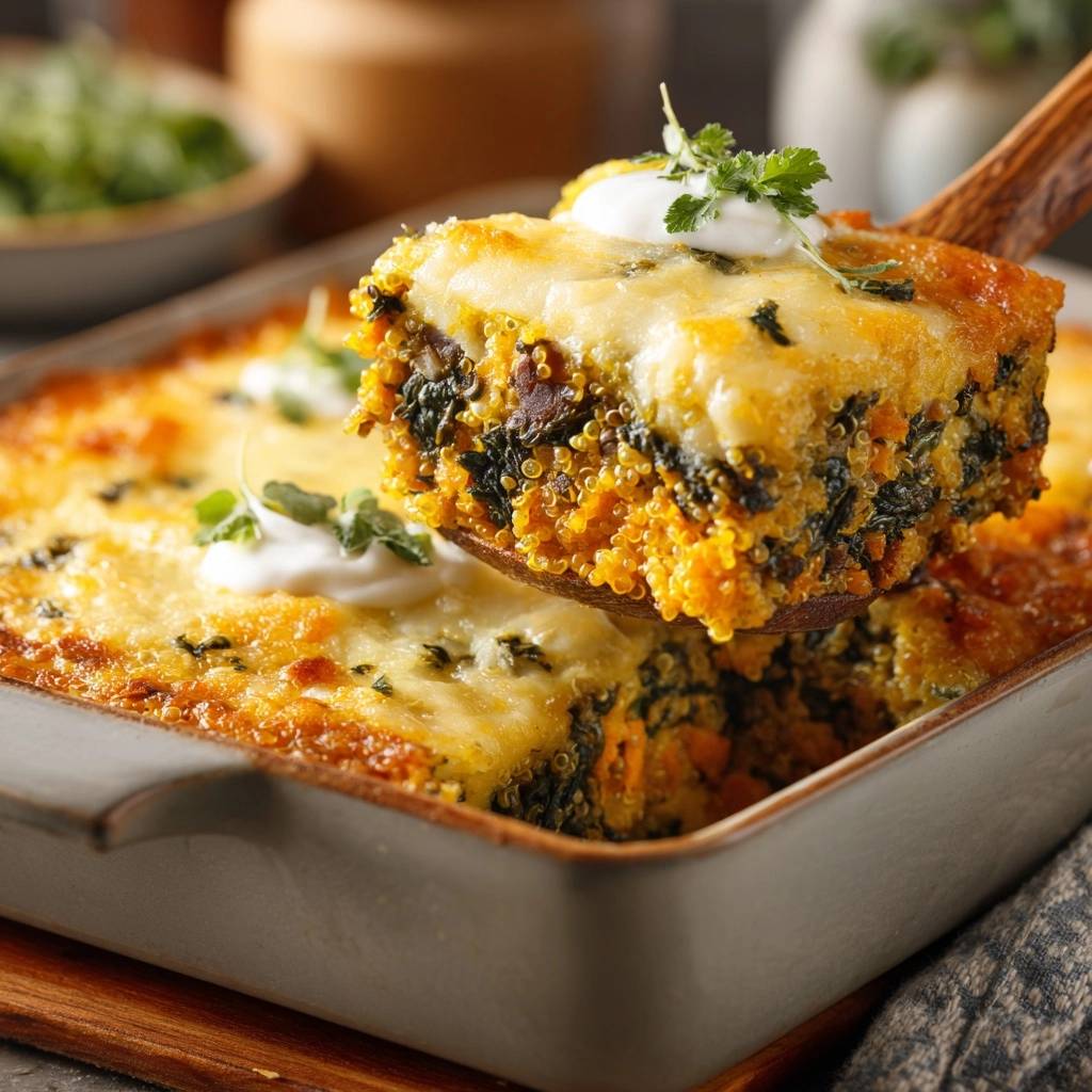 Kürbis-Spinat-Quinoa-Auflauf als angeschnittener Querschnitt, der die saftige Textur des Auflaufs zeigt.